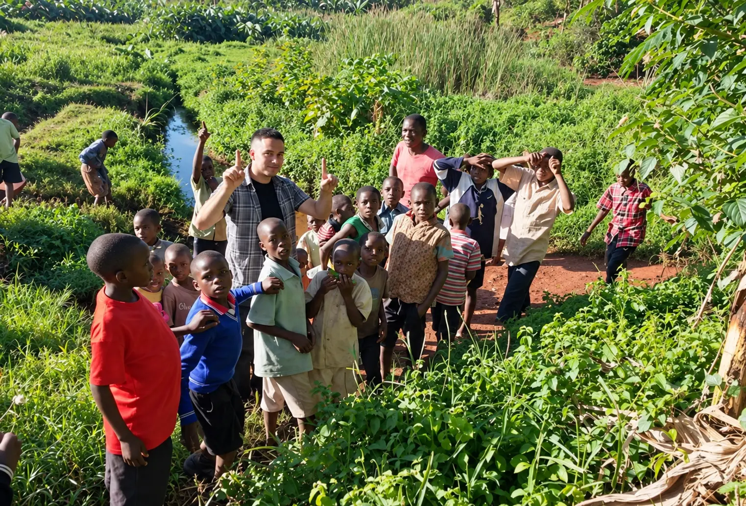 Children and adults gathered among lush green hills