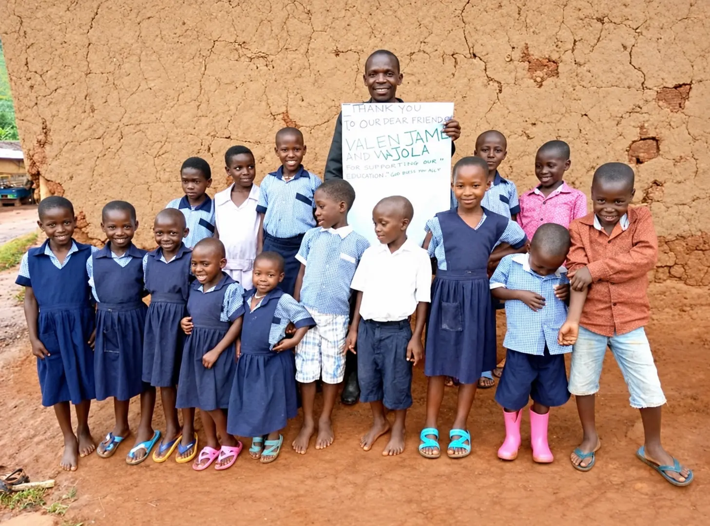 Schoolchildren and adults holding a thank-you sign outside a building